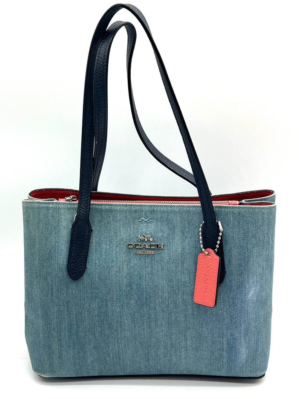 Coach Avenue Carryall Denim Pebble Leather Tote Blue Coral Pink Shoulder Bag